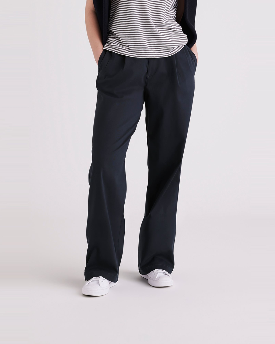 Front view of model wearing Navy Blazer Pleated Pants, High Wide Fit.