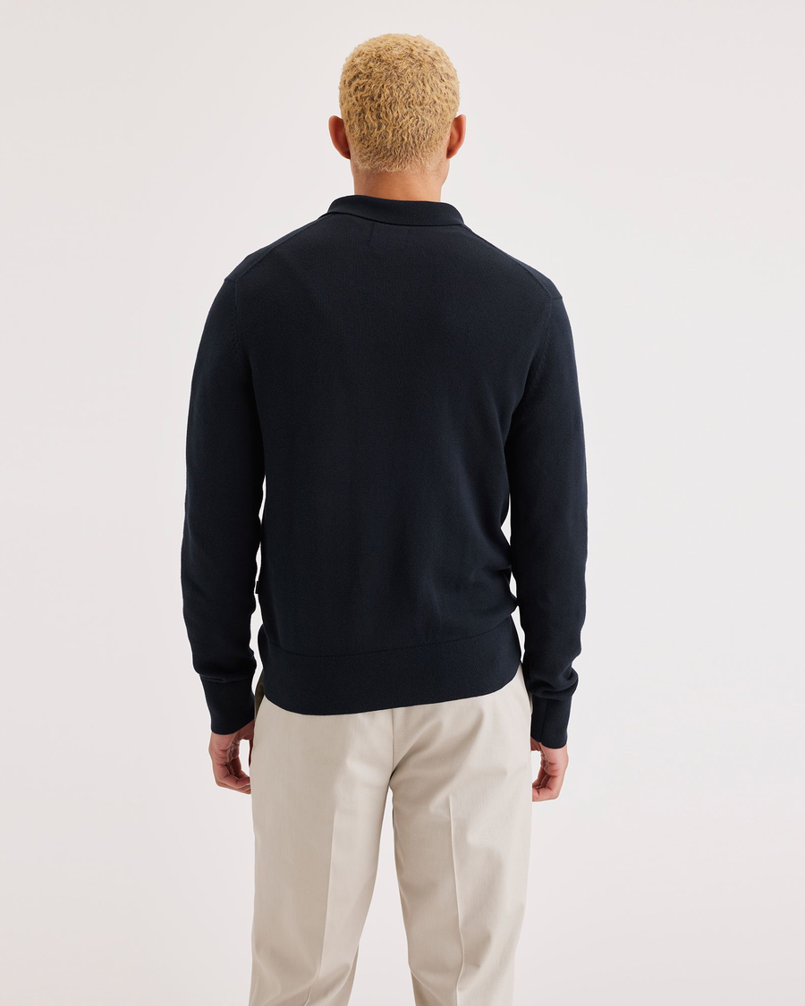 Back view of model wearing Navy Blazer Polo Sweater, Regular Fit.