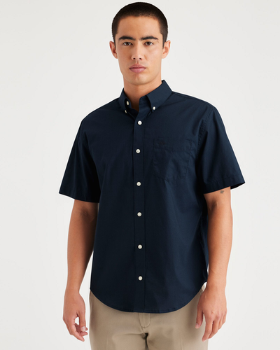 Front view of model wearing Navy Blazer Signature Stain Defender Shirt, Classic Fit.
