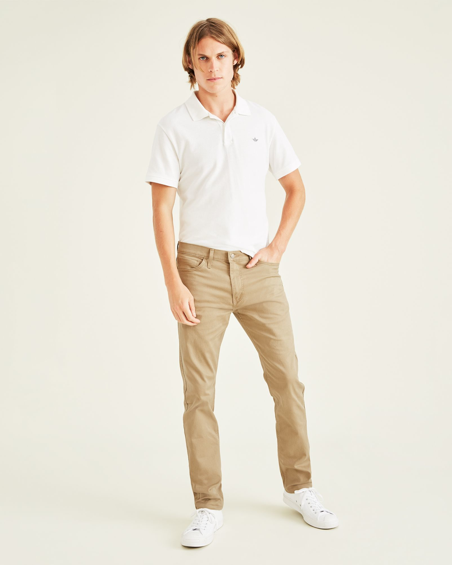 Front view of model wearing New British Khaki Jean Cut Pants, Slim Fit.