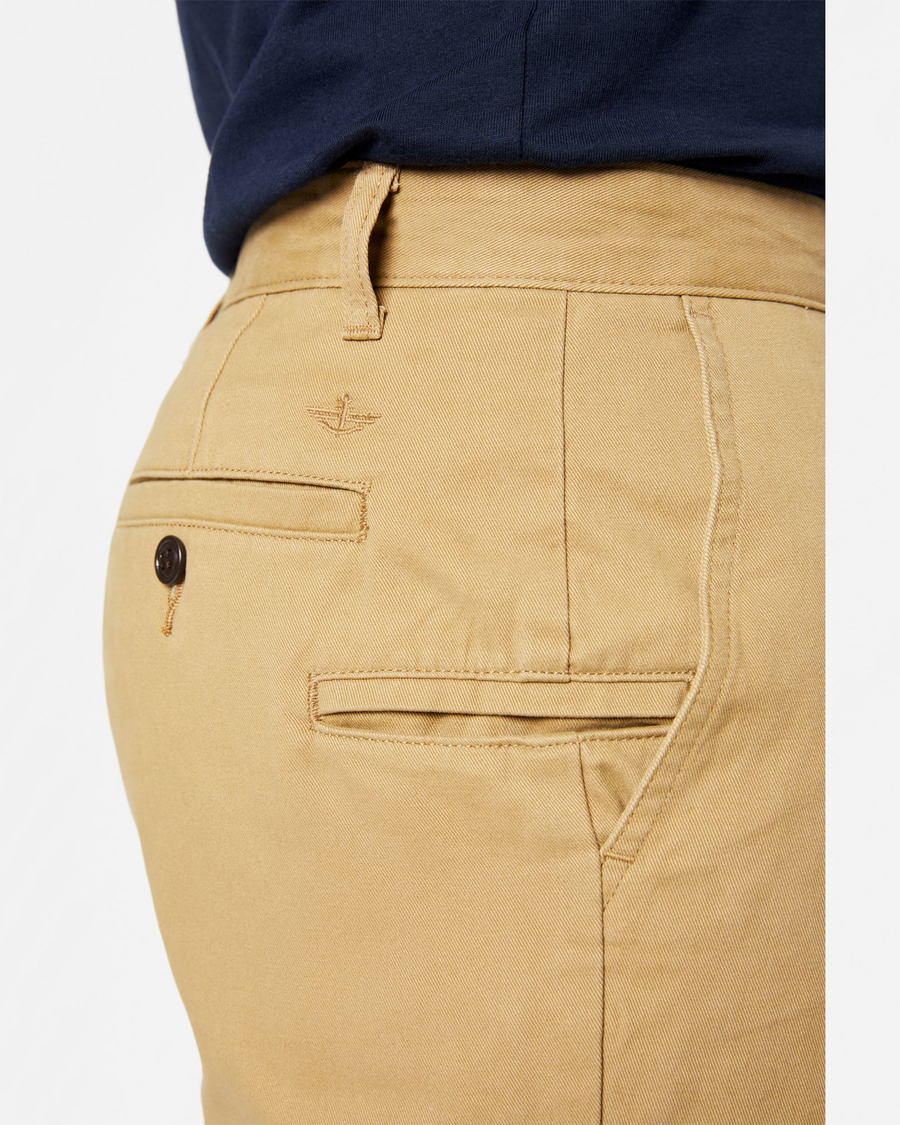 View of model wearing New British Khaki Perfect 8" Shorts.