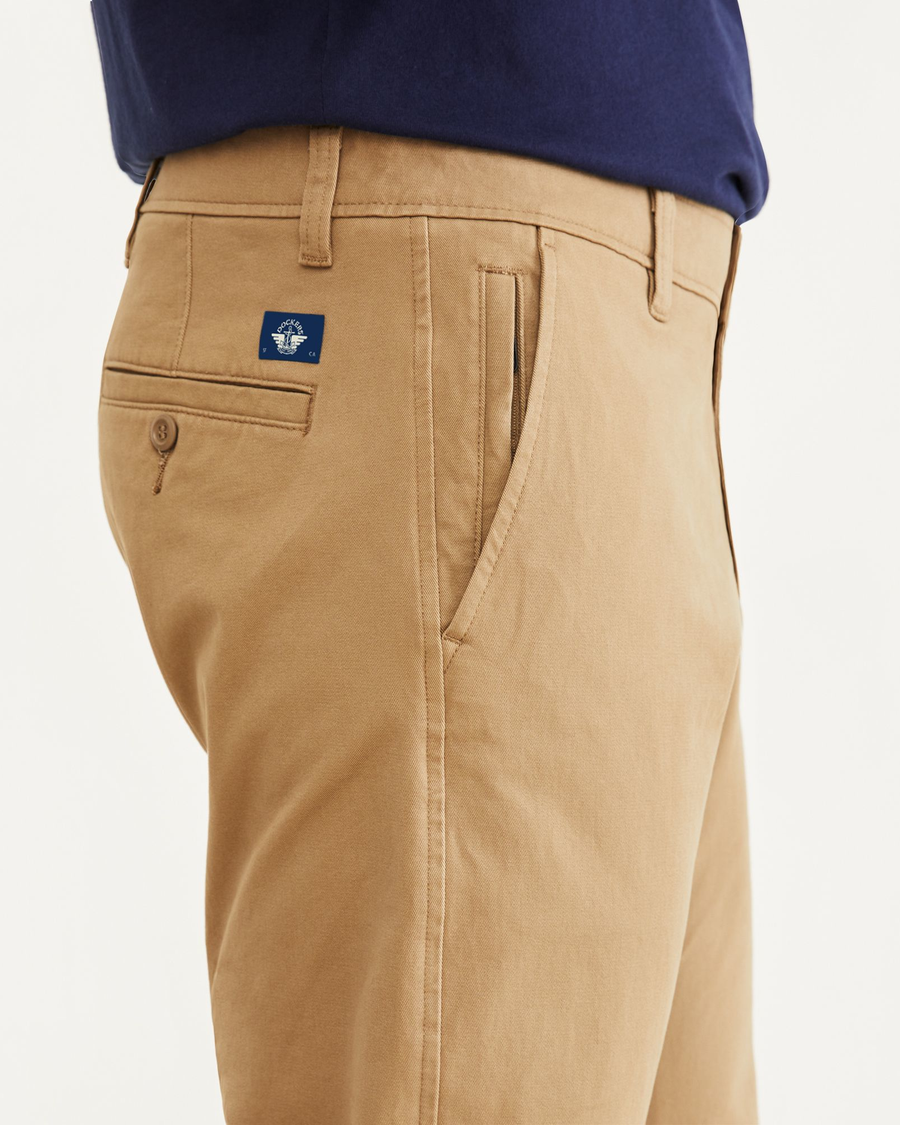 View of model wearing New British Khaki Ultimate Chinos, Athletic Fit.