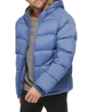 Side view of model wearing Ocean Blue Recycled Nylon Puffer Parka.
