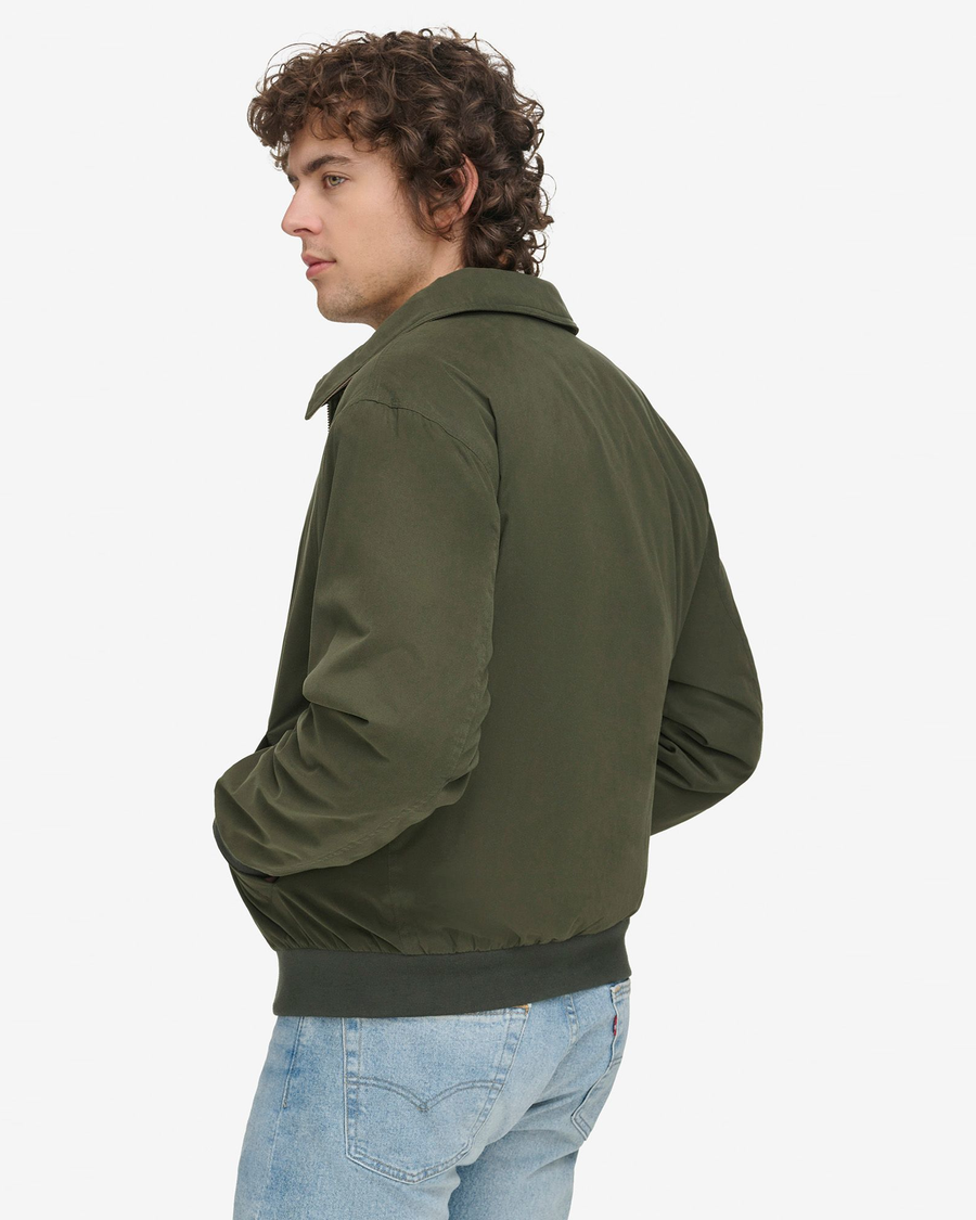 View of model wearing Olive Microtwill Deck Bomber, Relaxed Fit.