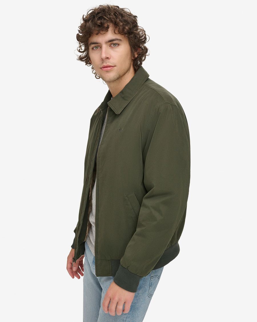 View of model wearing Olive Microtwill Deck Bomber, Relaxed Fit.