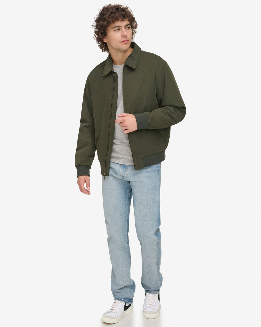 View of model wearing Olive Microtwill Deck Bomber, Relaxed Fit.