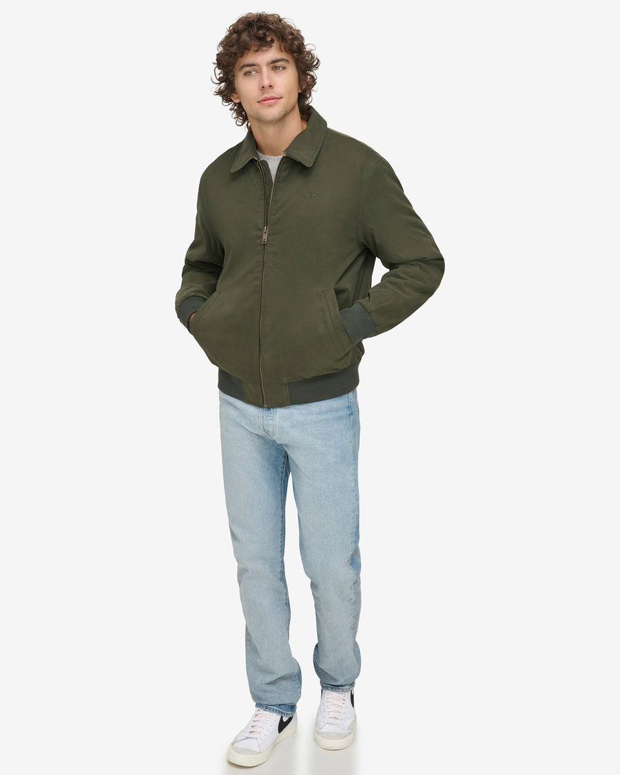 View of model wearing Olive Microtwill Deck Bomber, Relaxed Fit.