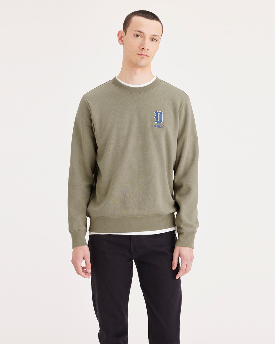 Front view of model wearing Overland Trek Crewneck Sweatshirt, Regular Fit.