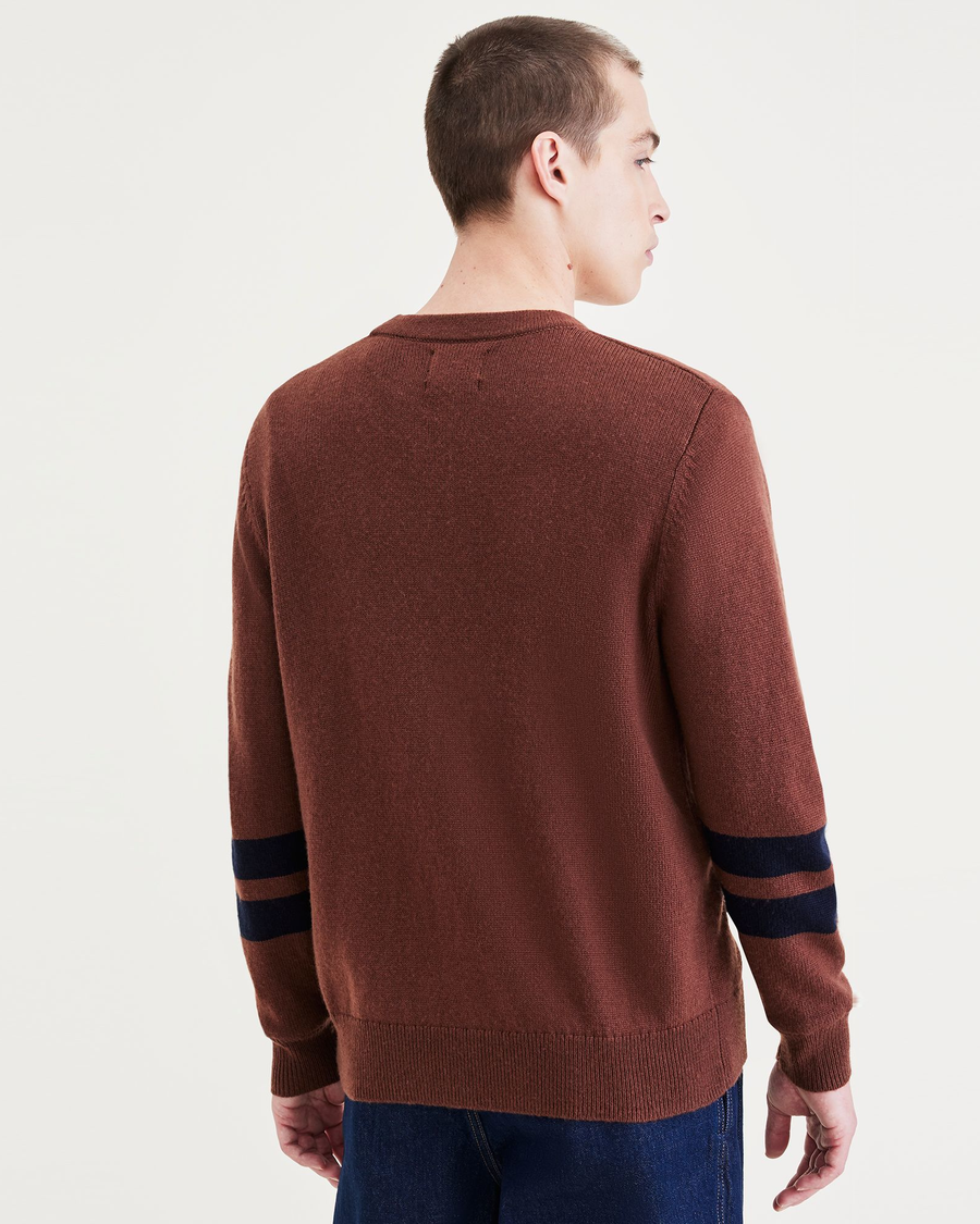 Back view of model wearing Placed Campus Pine Log Wool Blend Cardigan: Premium Edition.