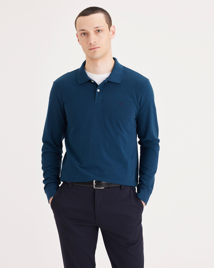 Front view of model wearing Poseideon Blue Polo, Slim Fit.