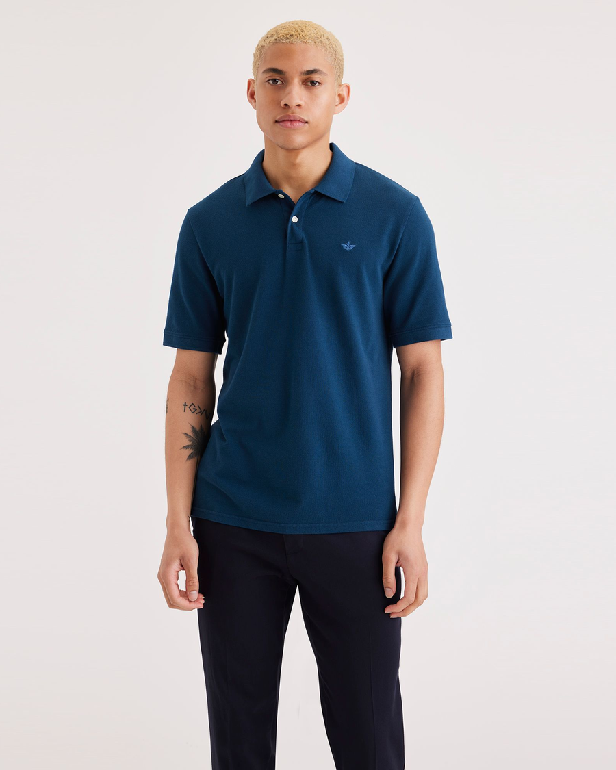 Front view of model wearing Poseideon Blue Rib Collar Polo, Slim Fit.