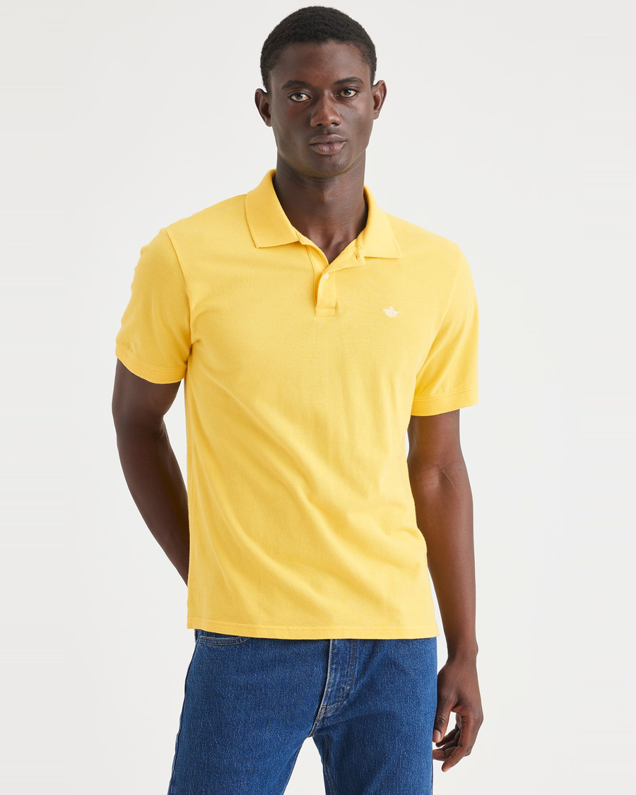 Front view of model wearing Primrose Yellow Rib Collar Polo, Slim Fit.