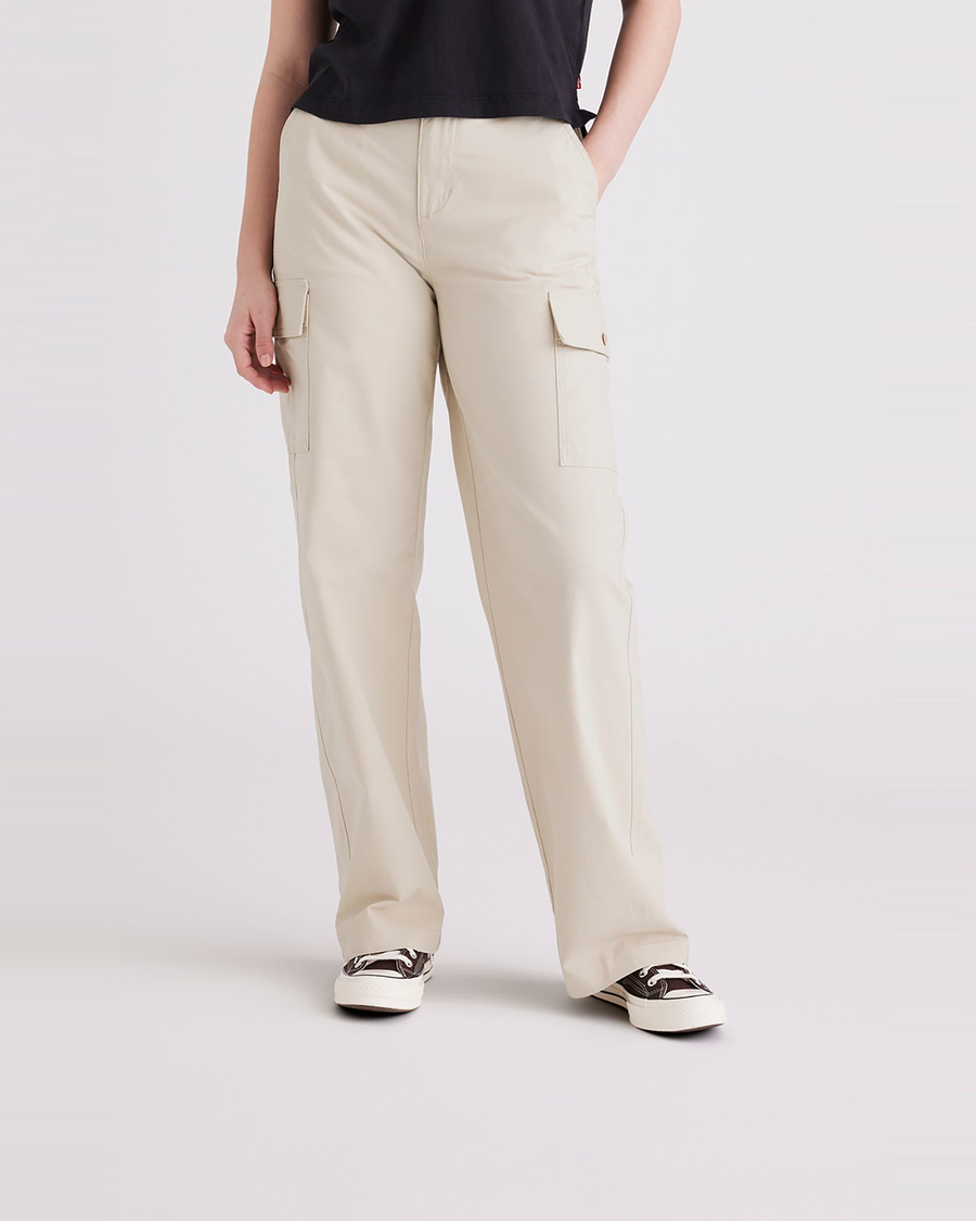 Front view of model wearing Sahara Khaki Cargo Pant, High Wide Fit.