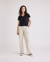 Front view of model wearing Sahara Khaki Cargo Pant, High Wide Fit.