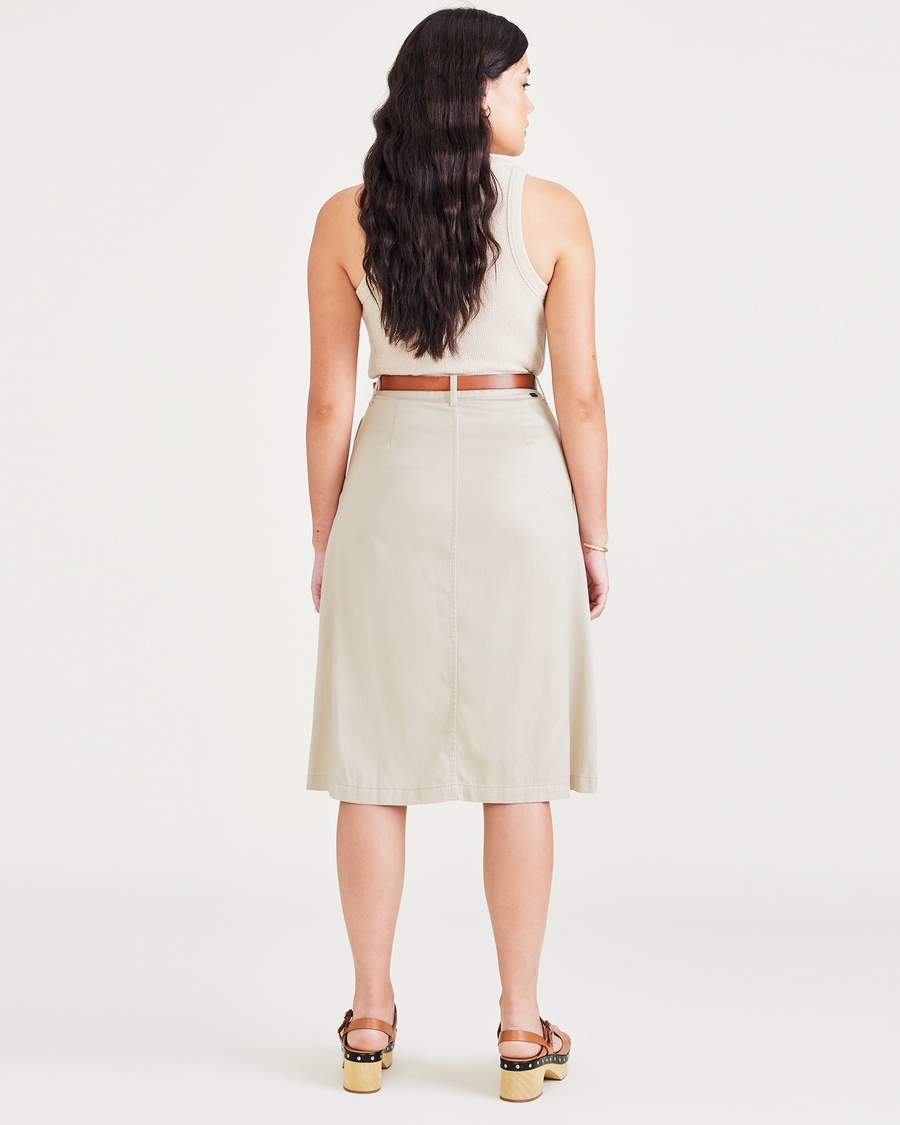 Back view of model wearing Sahara Khaki Midi Skirt.