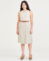 Front view of model wearing Sahara Khaki Midi Skirt.