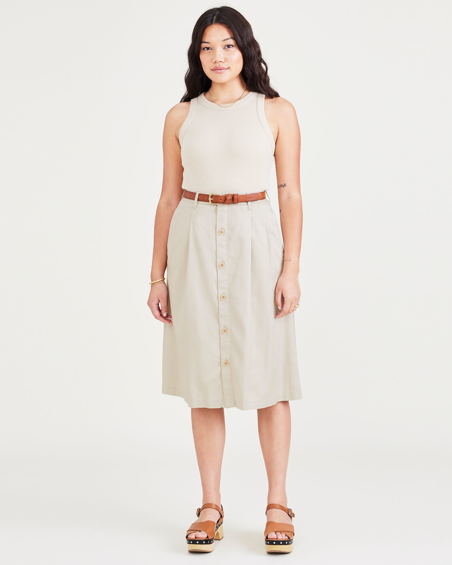 Front view of model wearing Sahara Khaki Midi Skirt.