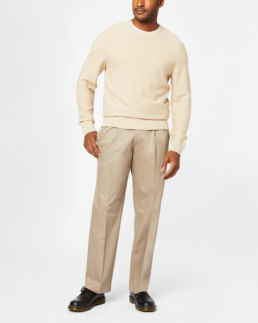 Front view of model wearing Timber Wolf Signature Khakis, Pleated, Relaxed Fit.