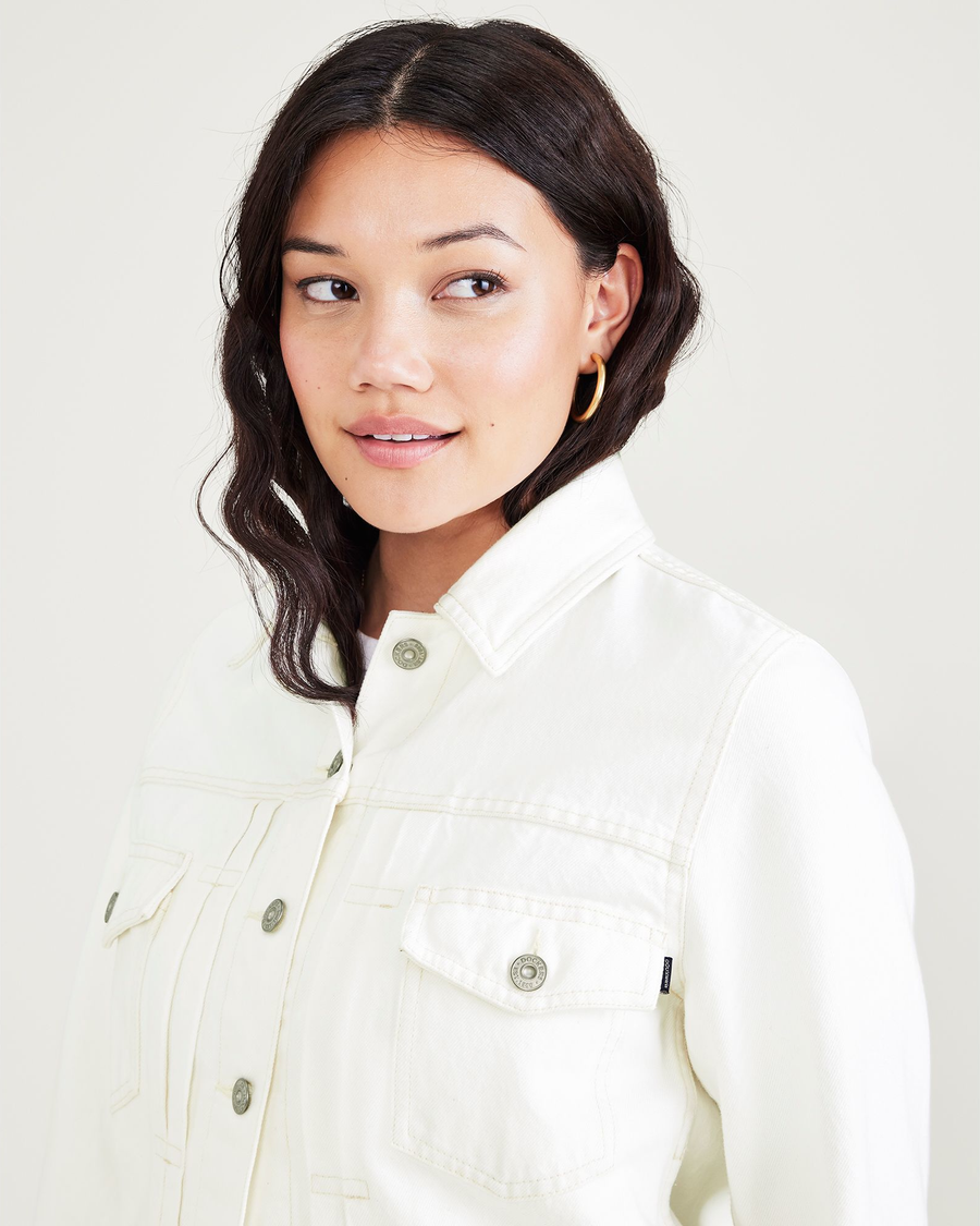 View of model wearing White Original Trucker Jacket, Regular Fit.