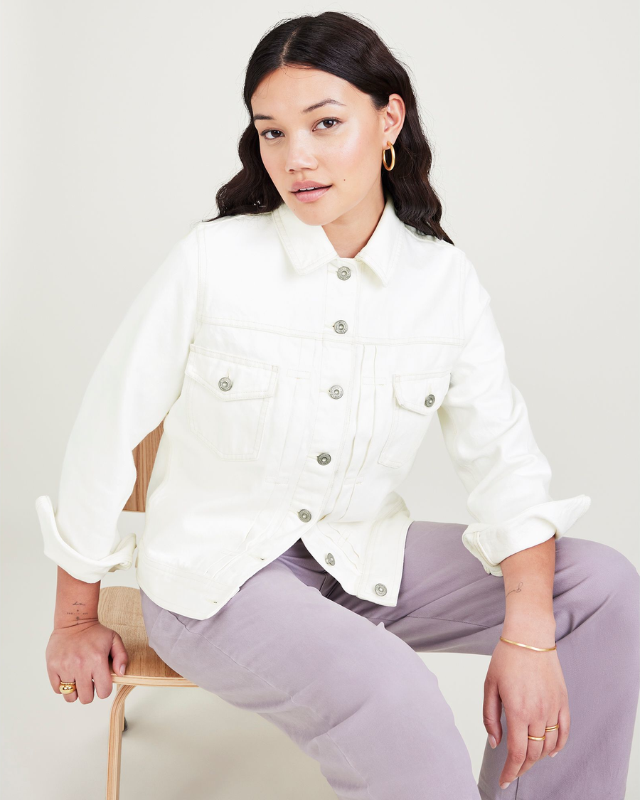 View of model wearing White Original Trucker Jacket, Regular Fit.