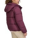 View of model wearing Winetasting Hooded Matte Bubble Puffer Jacket.