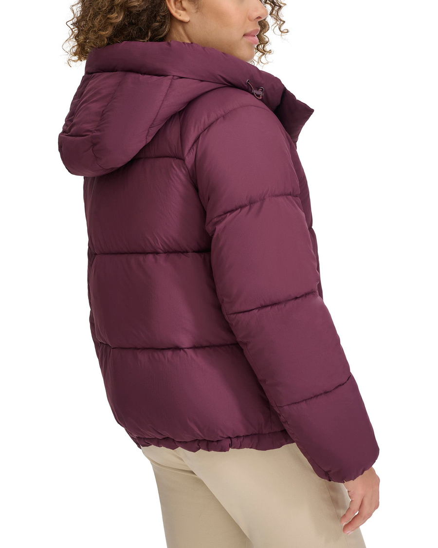 View of model wearing Winetasting Hooded Matte Bubble Puffer Jacket.