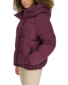 View of model wearing Winetasting Hooded Matte Bubble Puffer Jacket.