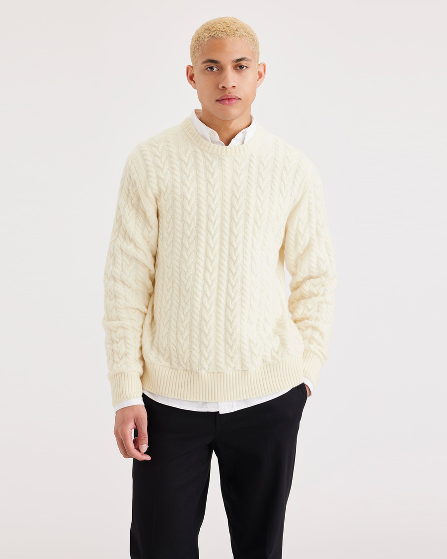 Front view of model wearing Winter White Crewneck Sweater, Regular Fit.